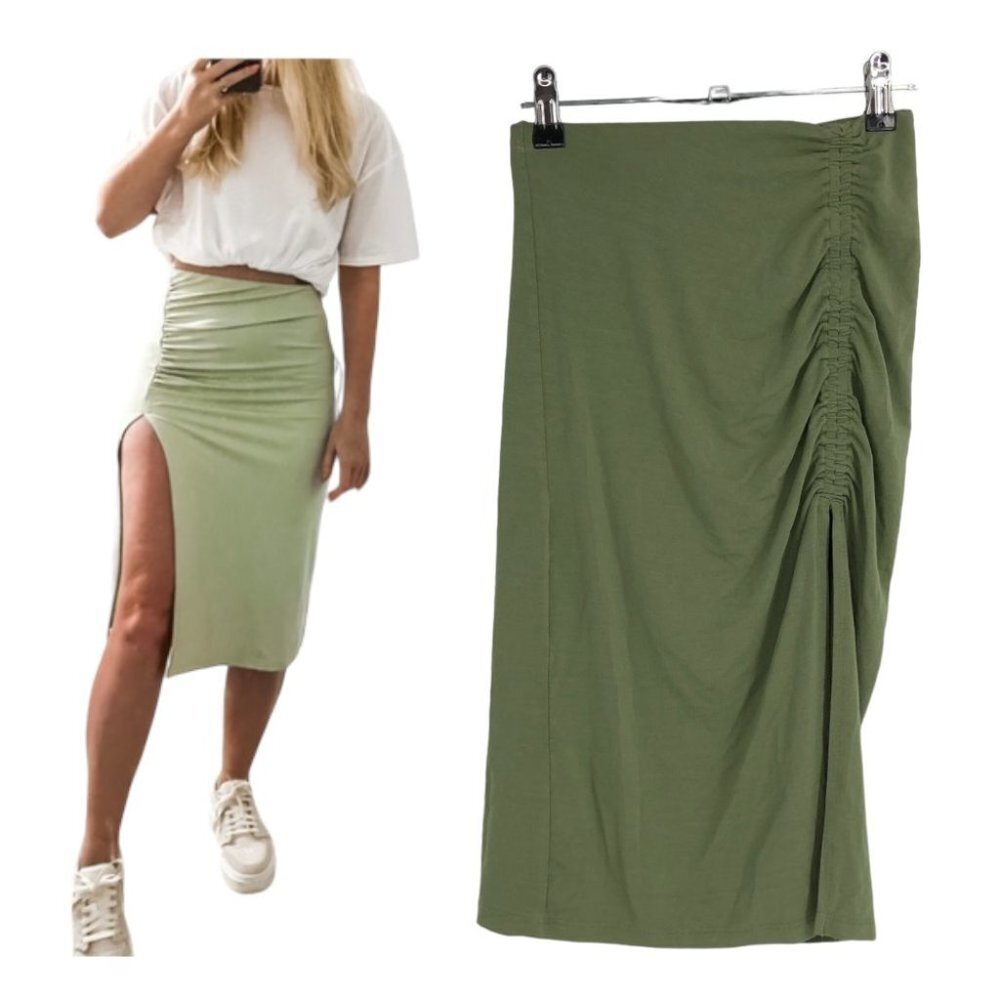 Aritzia Wilfred Free Sage Green Ruched Side Slit Midi  Skirt XXS
